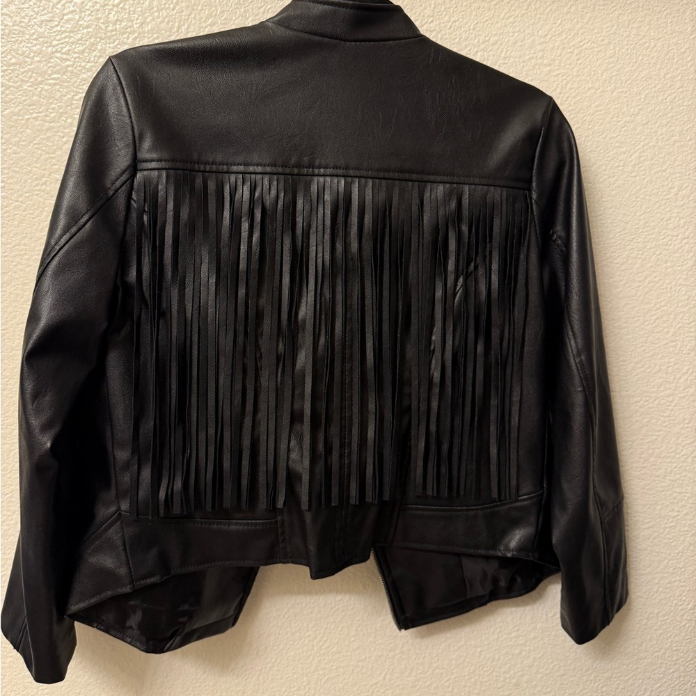 Miss London Black Leather Jacket with Fringe - Picture 5 of 6